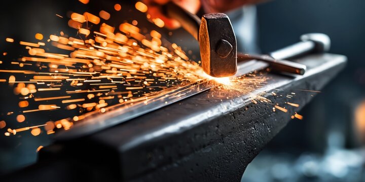 Blacksmith hammering glowing metal on anvil, creating sparks and shaping steel