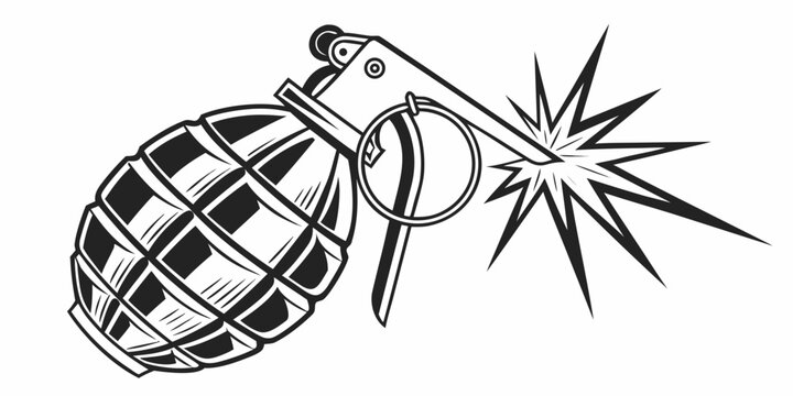 Ignited hand grenade with pulled pin and spark explosion graphic vector illustration danger sign military equipment explosion military illustration ordnance security violence conflict