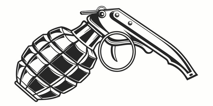 Classic hand grenade with pin engaged black and white vector illustration military equipment line art military ordnance security illustration equipment explosive isolated conflict industry