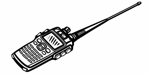Black and white vector illustration of a portable two-way radio transceiver with walkie talkie transceiver communication handheld technology electronic portable equipment illustration © Adobe 