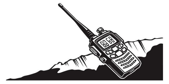 Graphic illustration of a handheld radio on a rugged mountain terrain with walkie talkie transceiver mountain communication handheld landscape adventure technology emergency illustration