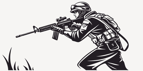 Black and white illustration of modern soldier holding rifle with military tactical camouflage infantry security protection fighting equipment personnel training uniformed illustration © Adobe 