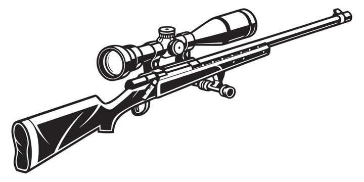 Black and white vector illustration of a sniper rifle with a scope and bipod shooting ballistics precision marksmanship tactical military equipment illustration isolated monochrome activity