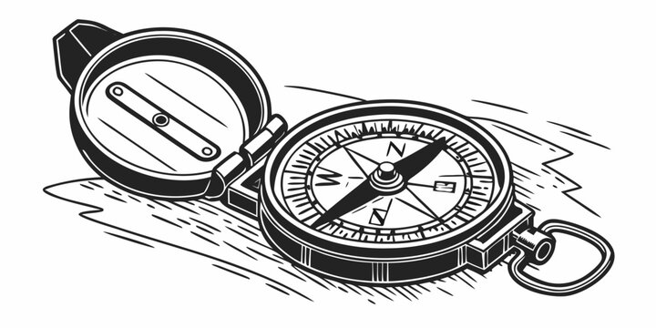Open pocket compass for navigational use with artistic sketched ground texture background navigation direction adventure exploration outdoors instrument orienting geography discovery