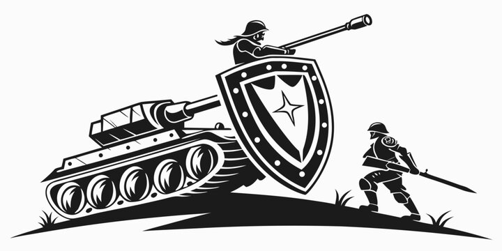 Graphic illustration of a tank positioned behind a large protective shield with a soldier nearby military infantry protection conflict silhouette graphics illustration historical tactical