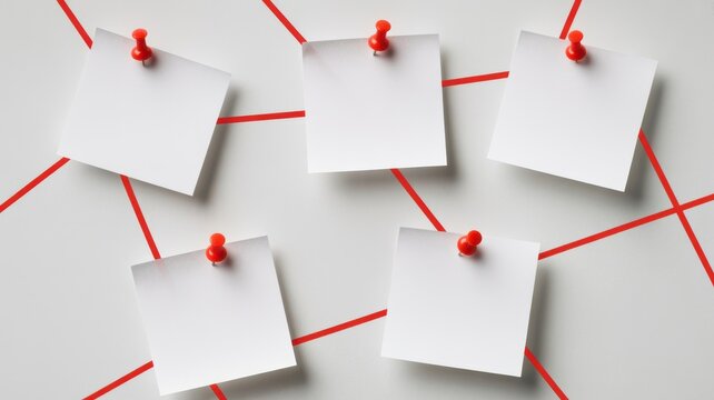 Network connection of white paper note on a board with red pushpin and red line