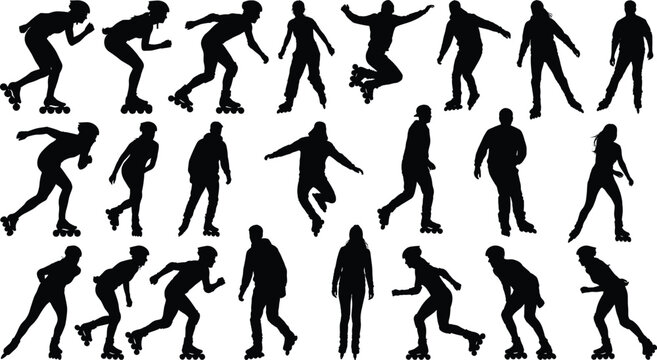 Black silhouettes of various people rollerblading and skating isolated on white background, outdoor sports activity vector icons, fitness