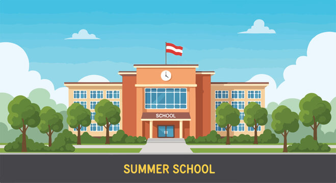 A cartoon school building with a flag