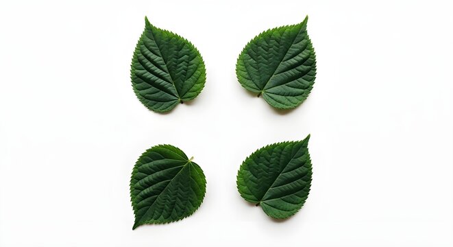 Set of four heart-shaped green leaves with serrated edges isolated on white, botanical nature concept