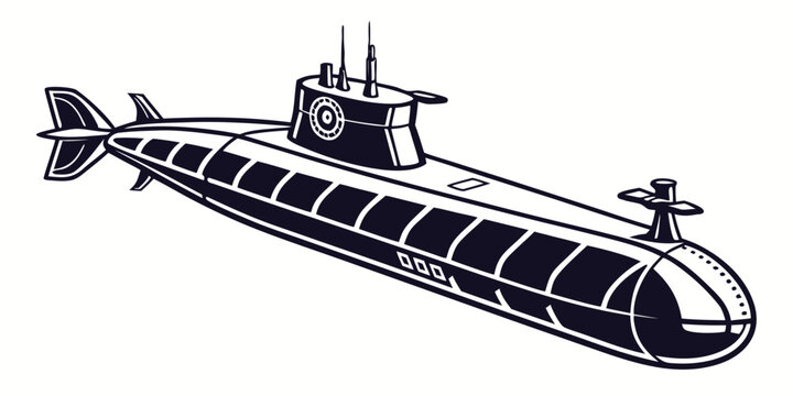 Silhouette vector graphic of a modern navy submarine floating on water with submarine military nautical transport underwater illustration monochrome silhouette isolated battleship maritime