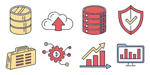 Data storage and cloud computing business vector icons with database security briefcase business technology protection analytics development computing management information strategy © Adobe 