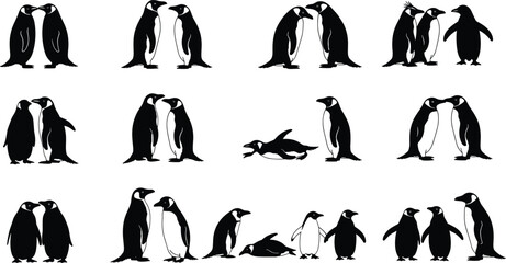Penguin silhouette vector collection, black and white poses, bird interaction, nature theme, wildlife illustration, arctic design, animal behavior graphics © Rebeka
