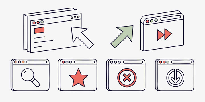 Web browser and application window icons set with search star delete and download symbols interface application download navigation software internet illustration technology computing