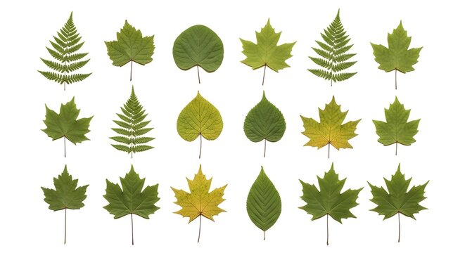 Set of botanical design elements of various types of foliage and ferns on a clean white background