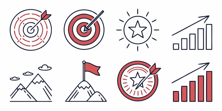 Achievement icons collection featuring targets growth charts mountains with flags and star ratings achievement business mountain performance marketing strategy planning competition increase