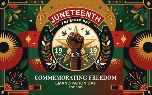 Juneteenth Freedom Day Celebration Poster with Raised Fist and Broken Chains