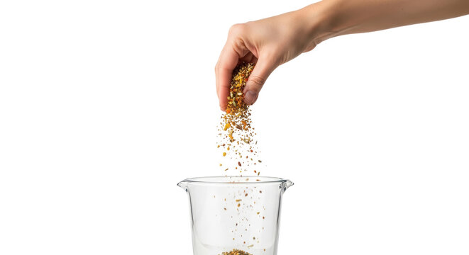 Natural bee pollen granules falling from hand into glass beaker, organic superfood supplement preparation, healthy nutrition concept isolated PNG with Transparent Background