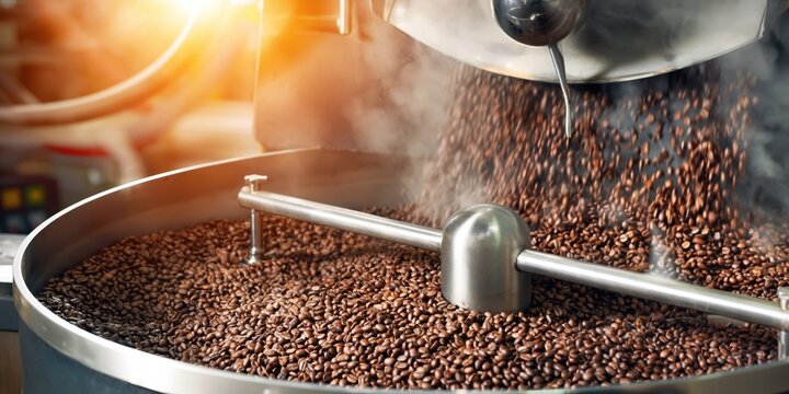 Freshly roasted coffee beans tumbling in an industrial roaster with steam rising