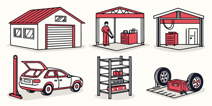 Collection of garage workshop and automotive maintenance service icons with workshop maintenance mechanic automotive shelving equipment illustration building facility technical workplace