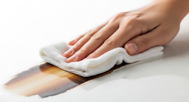 Hand wiping dark stain from white surface with white microfiber cloth