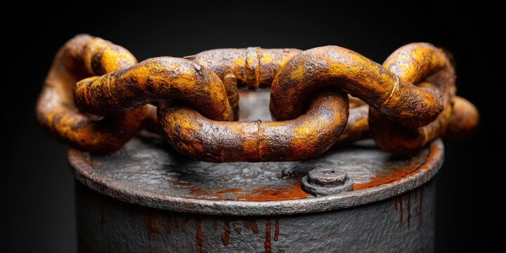 Heavy rusty chain wrapped around an old oil barrel, symbolizing industrial decay