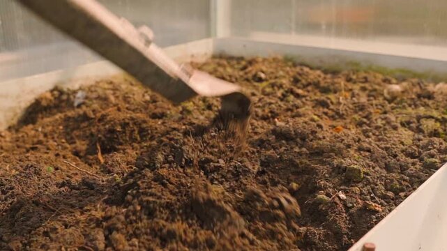 Tilling greenhouse bed with hoe close-up slow motion