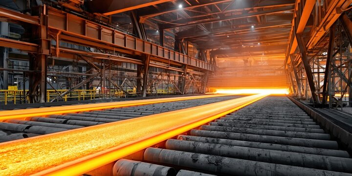 Molten steel slabs moving on conveyor belts in a hot industrial manufacturing plant