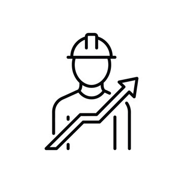 Vector illustration of black line icon of a construction worker with an increasing arrow