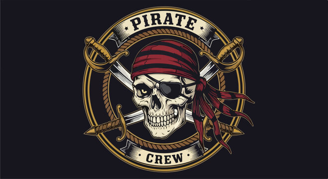 Illustration of a pirate skull with a red bandana and eye patch, surrounded by a rope circle with crossed swords and a pirate crew emblem on a black background with a dark and adventurous