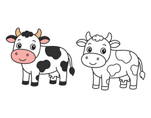 Fototapeta premium Cute Animal Coloring Book Set for Kids, Cartoon Forest and Farm Animals Collection, Easy Coloring Pages Vector Illustration