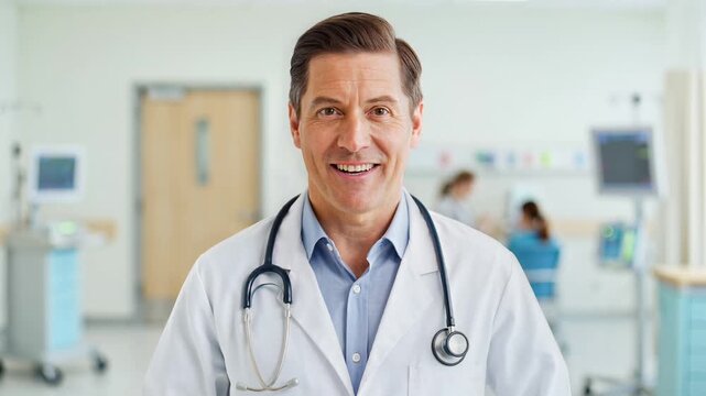 Professional Friendly Doctor Waving Hello in Hospital Clinic Setting