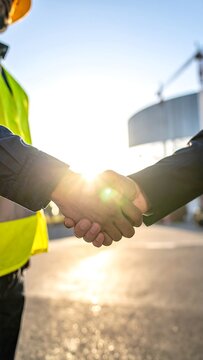 Two people shaking hands in construction setting with bright sunlight
