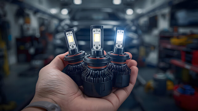Hand holding car headlight bulb in auto repair shop with bright lighting