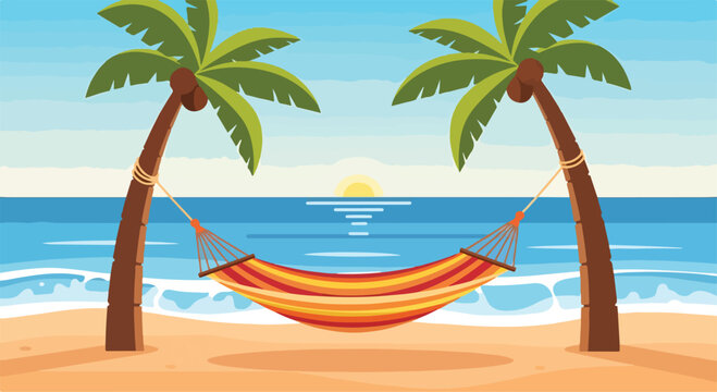 A hammock between two palm trees on a beach