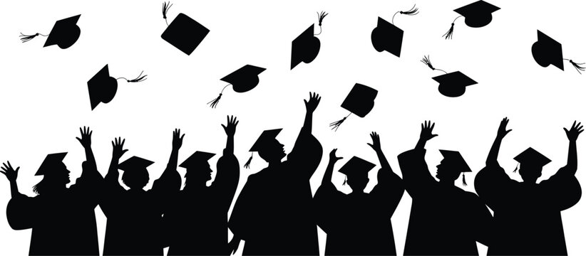 Black silhouettes of graduates throwing caps in the air