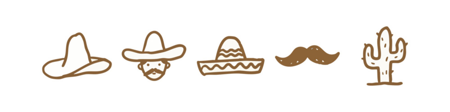 Brown hand-drawn icons: hats, mustache, cactus, mexican theme