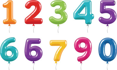 Colorful number-shaped balloons from 0 to 9, festive and playful vector illustration © Shukimon