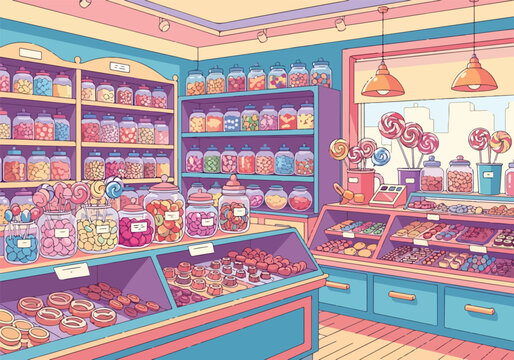 Colorful candy store interior with shelves and counters