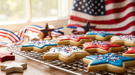 Obraz premium Star-Shaped Patriotic Sugar Cookies with Icing,