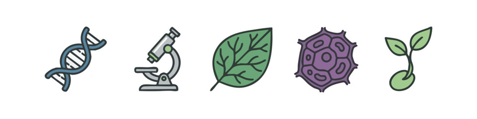 Naklejka premium Color science icons: DNA, microscope, leaf, cell, and sprout.