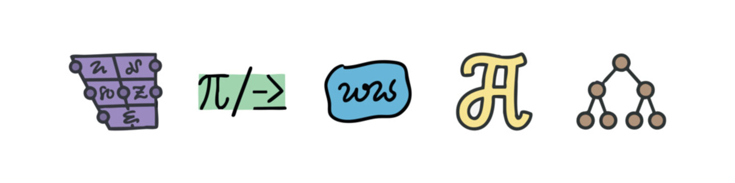 Colored Doodle Icons: Grid, Math Symbols, Scribble, Greek Letter, Tree Diagram