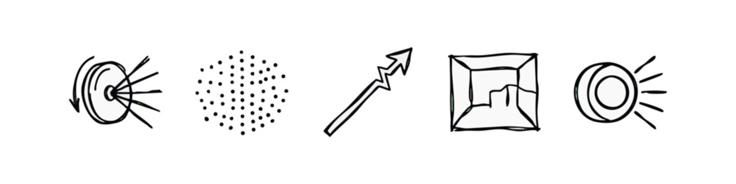 Hand-drawn icons: radar dish, dots pattern, arrow, 3D box, and spotlight.