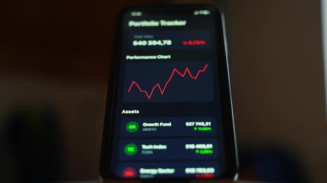 Smartphone screen displaying investment portfolio tracker with rising performance chart close-up