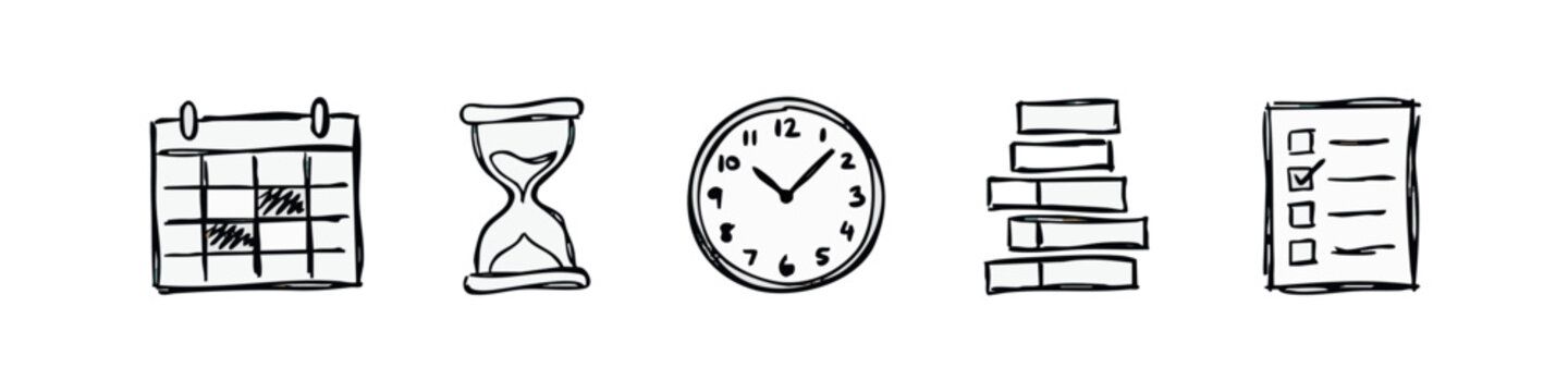 Time Management and Planning Business Icons Set in Sketchy Doodle Style