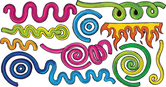 Gradient Line Shapes combined with geometric shape and spiral loopable elements in rainbow color gradient. Vector illustration for futuristic technology poster, modern logo