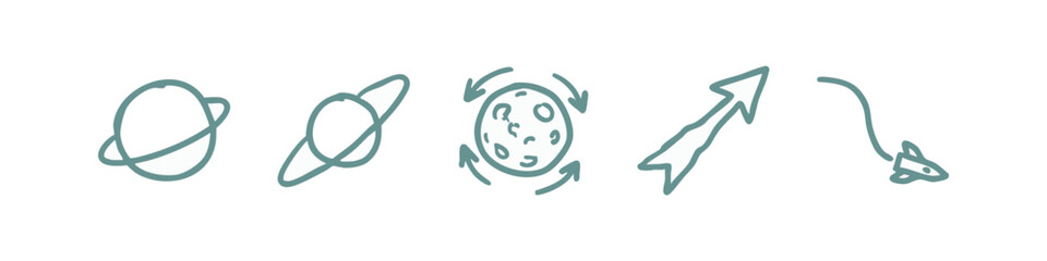 Teal hand drawn space and planetary exploration icons © liubomir118809