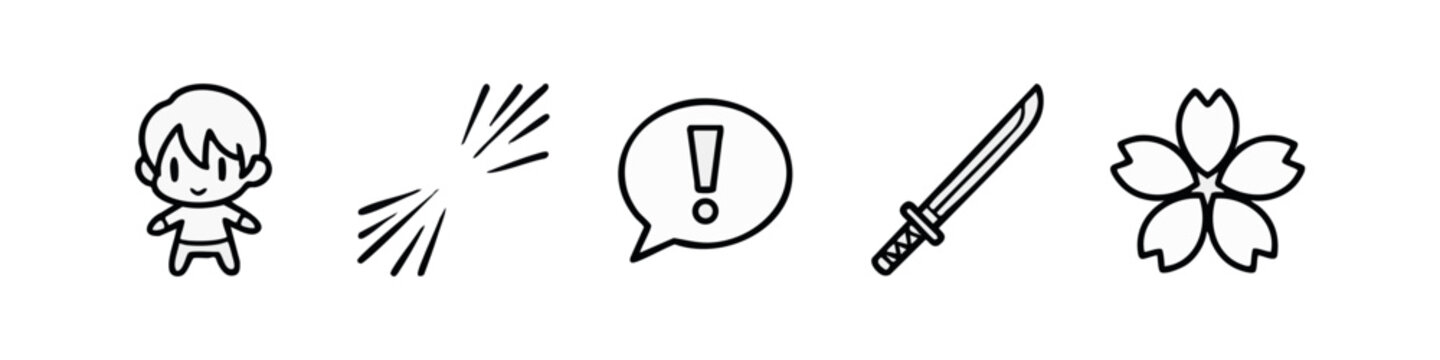 Black Line Art Manga and Japanese Culture Icon Set
