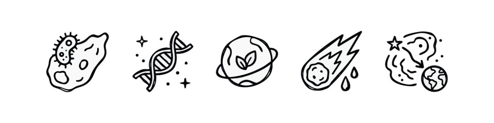 Line art icons: asteroid, dna, earth, comet, space impact © liubomir118809