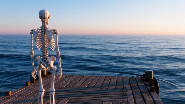A skeleton is waiting on a wooden dock overlooking the ocean at sunset.