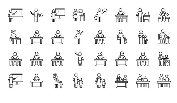 Minimal stick figure school icon set with teacher student classroom and parent pictograms editable vector isolated on white